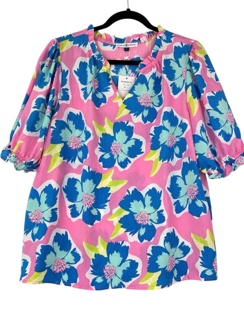 NWT Michelle McDowell Malia Sea FLower Pink Blouse Sz L Colorful Spring Casual - Picture 2 of 13